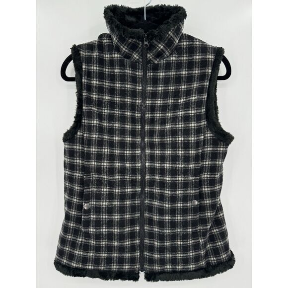 WOOLRICH Black White Plaid Faux Fur Lined Wool Vest Size S - Picture 1 of 8